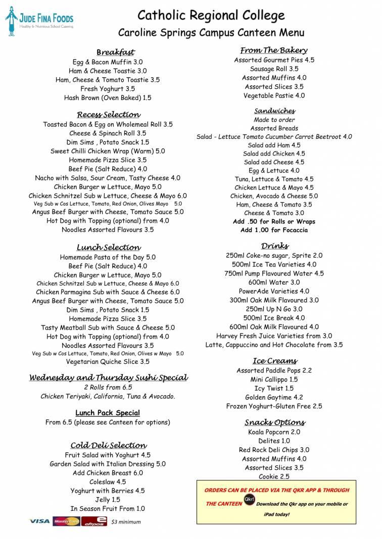 CRCCS Cafeteria Menu 2022